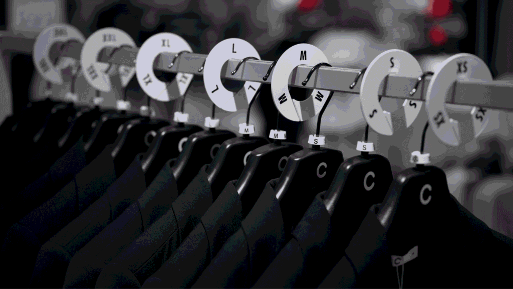 Round rack dividers by Mark Bric Sizers efficiently organize apparel sizes in retail stores.